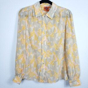 Tory Burch Button Up Long Sleeve Abstract Floral Print Woven Top Pink & Mustard